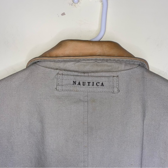 Vintage Nautica Medium Longer Canvas Utility Work Coat Jacket w/ Leather Collar - Picture 10 of 16